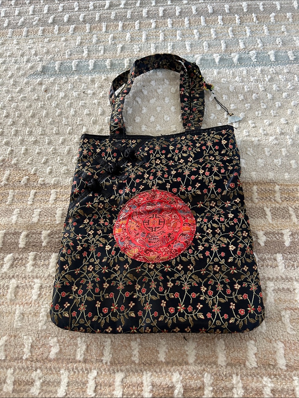 Rampage Black Floral Tote with Red Embroidered Medallion